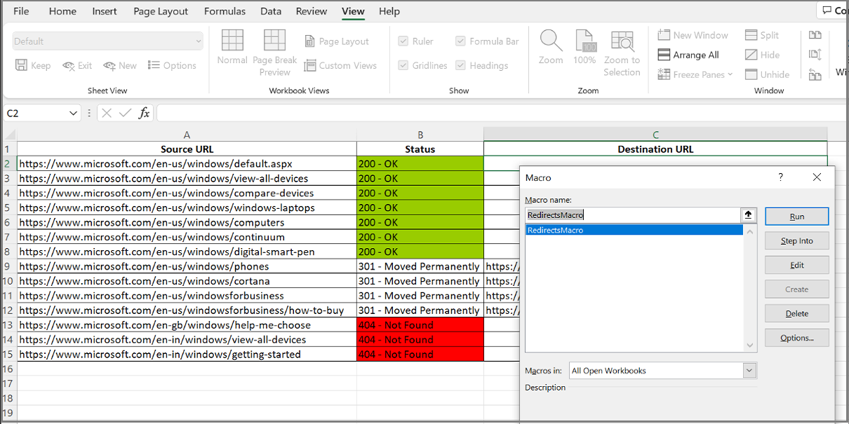 Screenshot of Macros created in Excel.